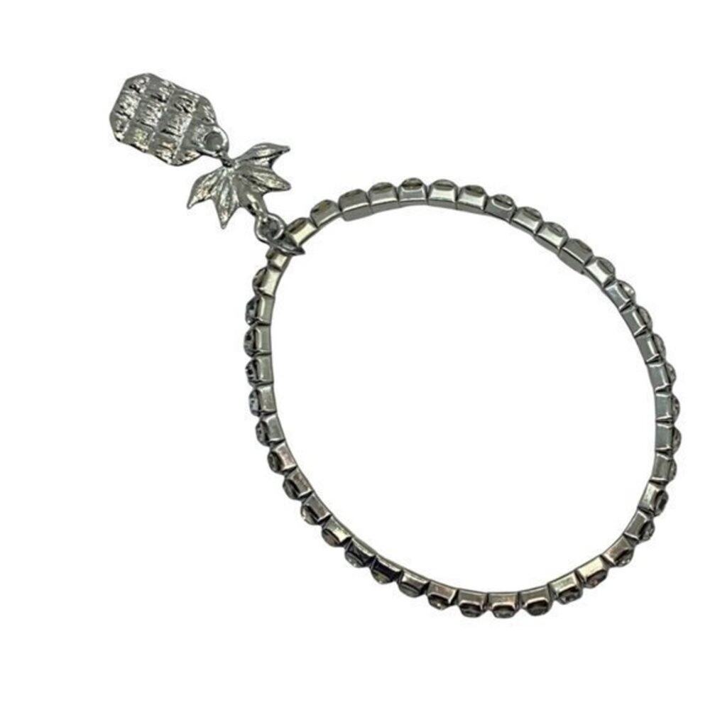 New NWT Silver-Tone Green Yellow Pineapple Rhinestone Beaded Stretch Bracelet - Picture 7 of 7
